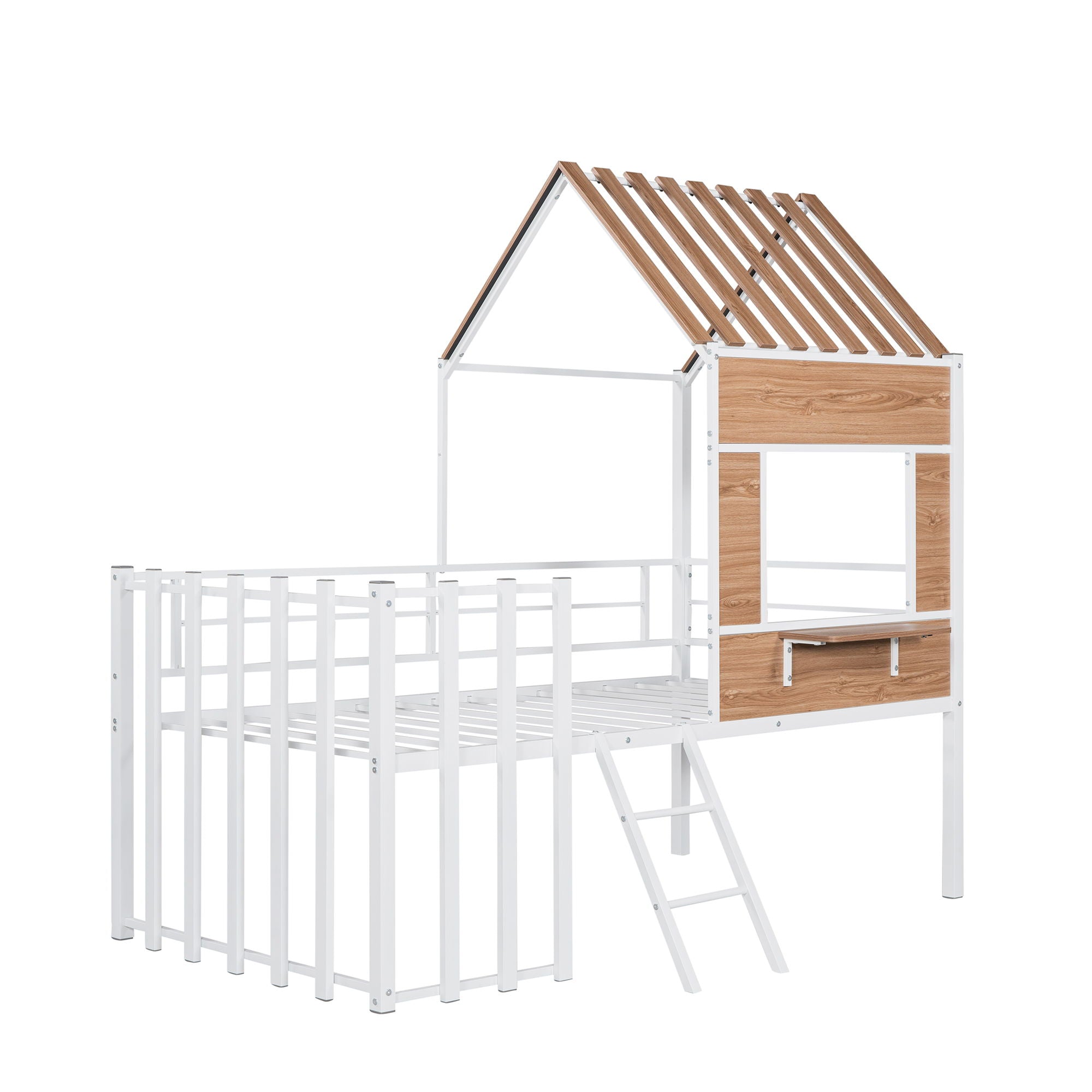 Twin Size Loft Bed With Roof, Window, Guardrail, Ladder