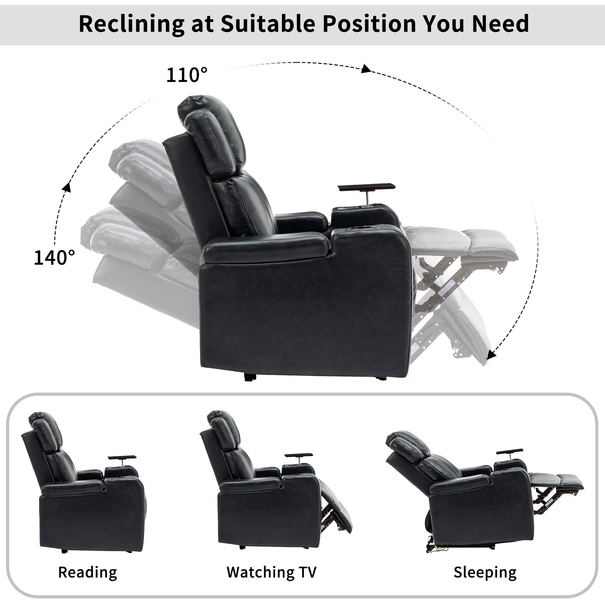 Power Recliner Individual Seat Home Theater Recliner With Cooling Cup Holder - Bluetooth Speaker, Led Lights, USB Ports, Tray Table, Arm Storage For Living Room