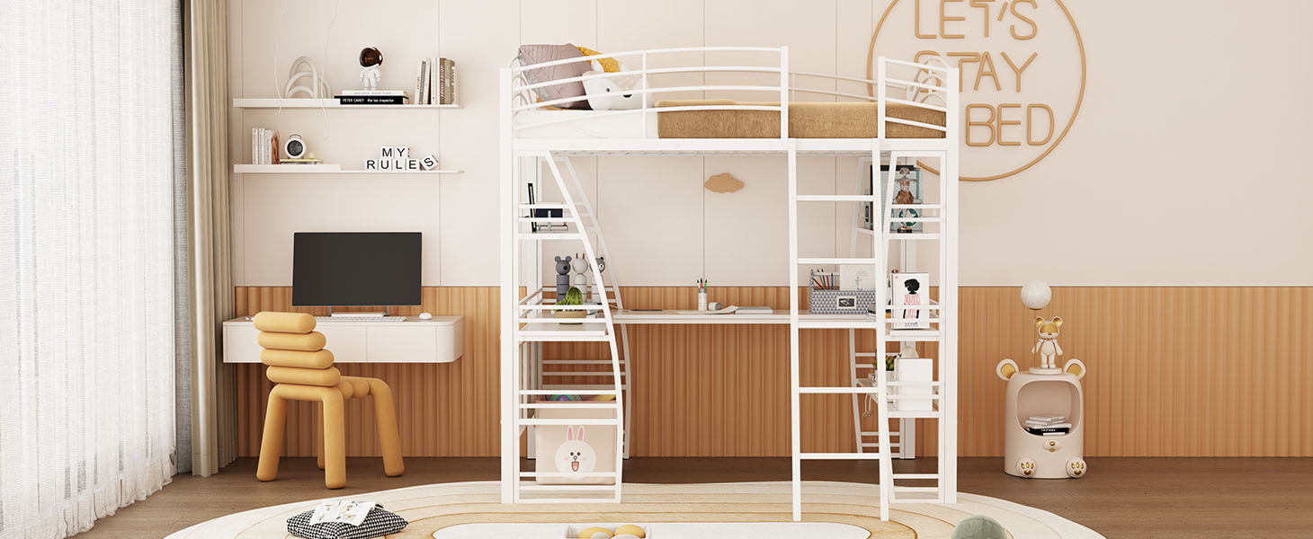 Loft Bed With 4 Layers Of Shelves And L-Shaped Desk, Stylish Metal Frame Bed With A Set Of Sockets, USB Ports And And Wireless Charging