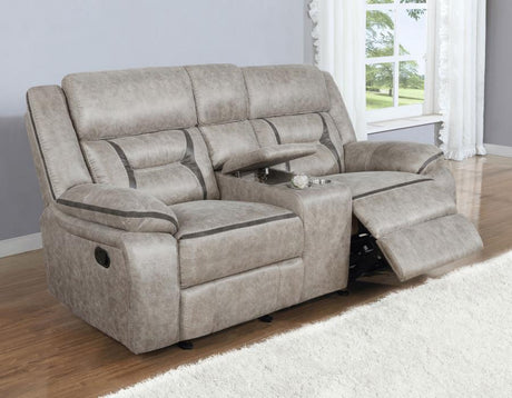 Greer - Upholstered Motion Reclining Loveseat Gray by CoasterEveryday | Bel Furniture