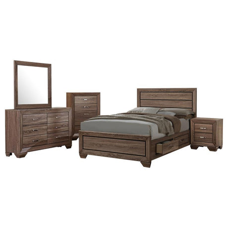 Kauffman - Transitional Storage Bed Bedroom Set Light Brown 5 Pc. Bed, Dresser, Mirror, Chest, Nightstand King by CoasterEveryday | Bel Furniture