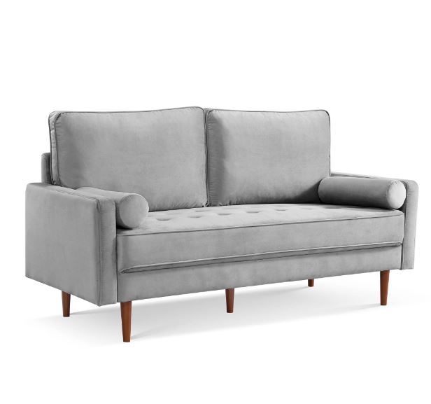 Velvet Sofa And Toss Pillows With Dark Brown Legs - Gray