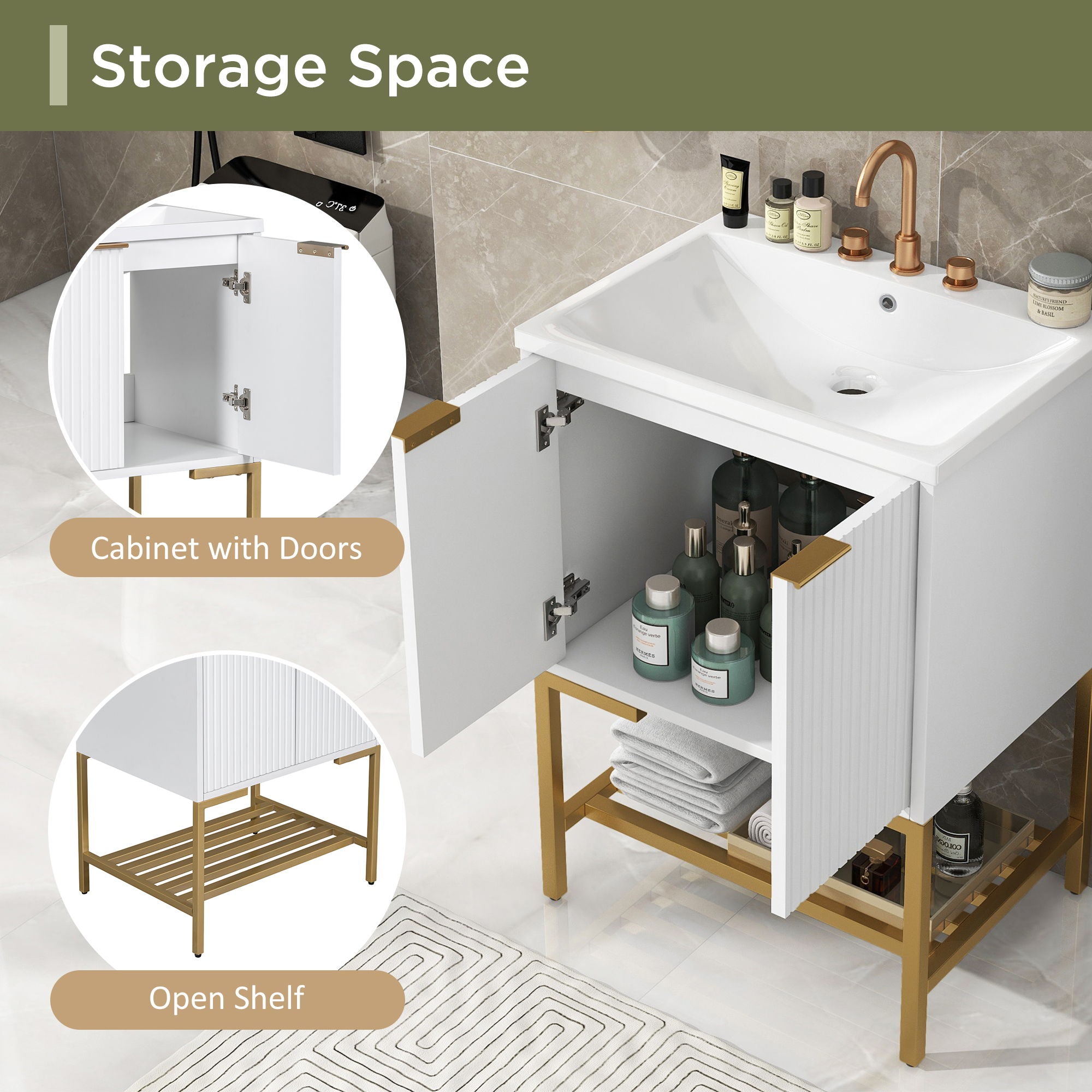 Bathroom Vanity With Sink, Bathroom Vanity Cabinet With Two Doors And Metal Frame, Open Storage Shelf - White / Gold