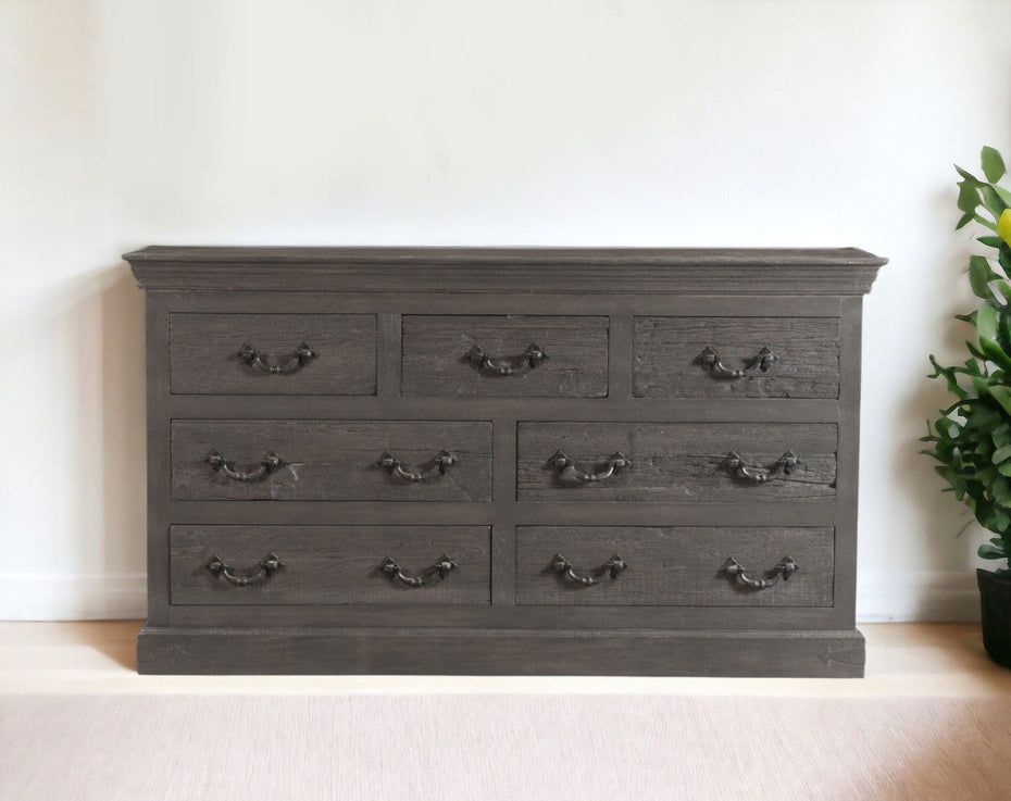 Distressed Solid And Reclaimed Wood Seven Drawer Double Dresser - Gray