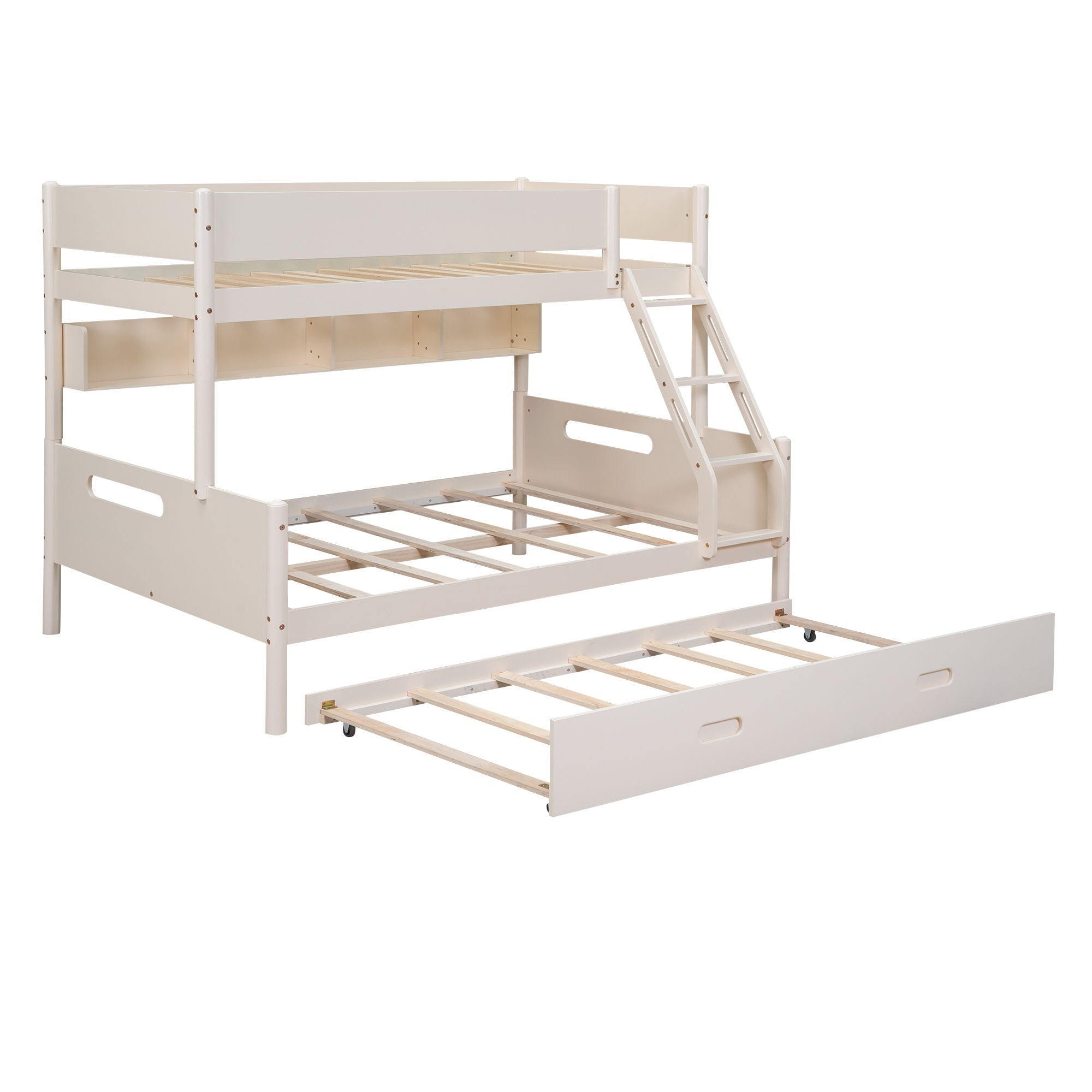 Wood Twin Over Full Bunk Bed With Storage Shelves And Twin Size Trundle - Cream