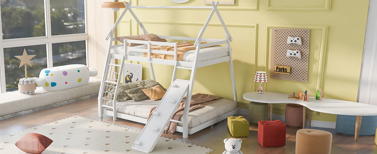 Twin Over Queen House Bunk Bed With Climbing Nets And Climbing Ramp