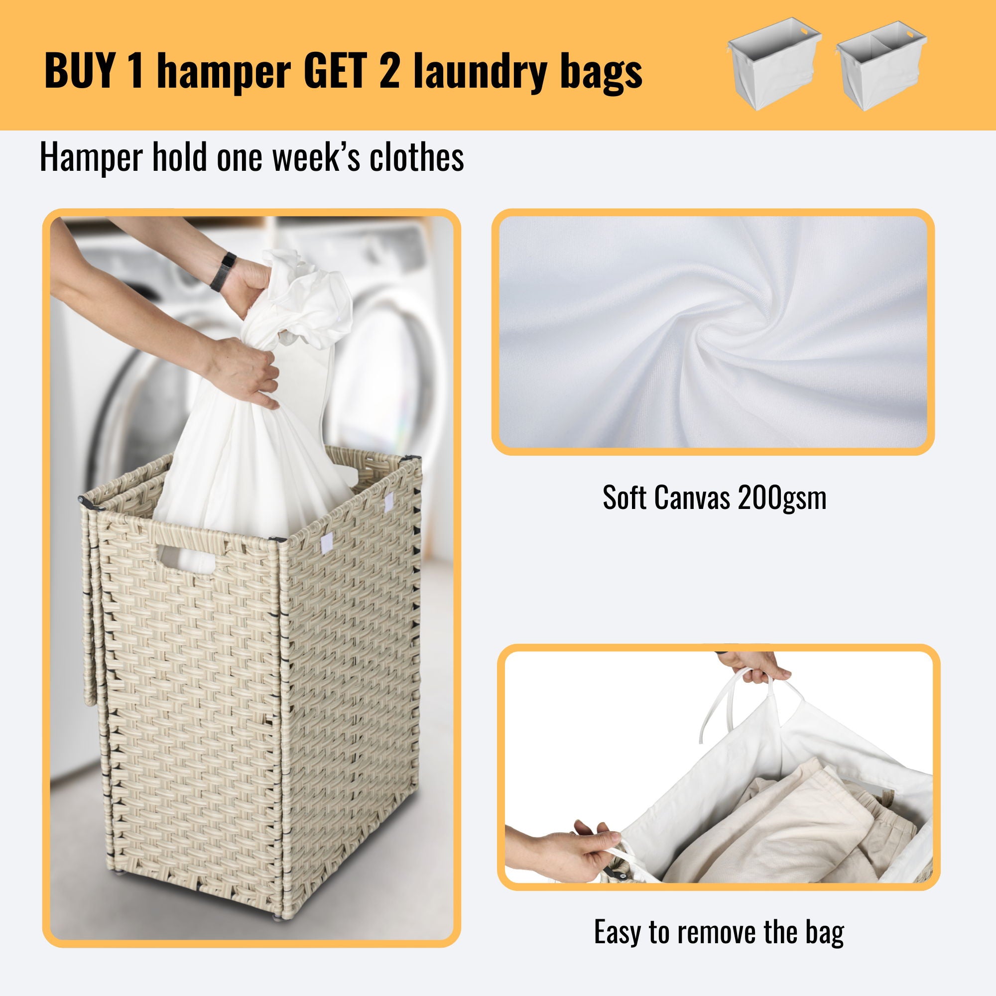 Laundry Hamper With Lid PE Rattan Powder Coating Frame Clothes Hampers With 2 Removable Bags