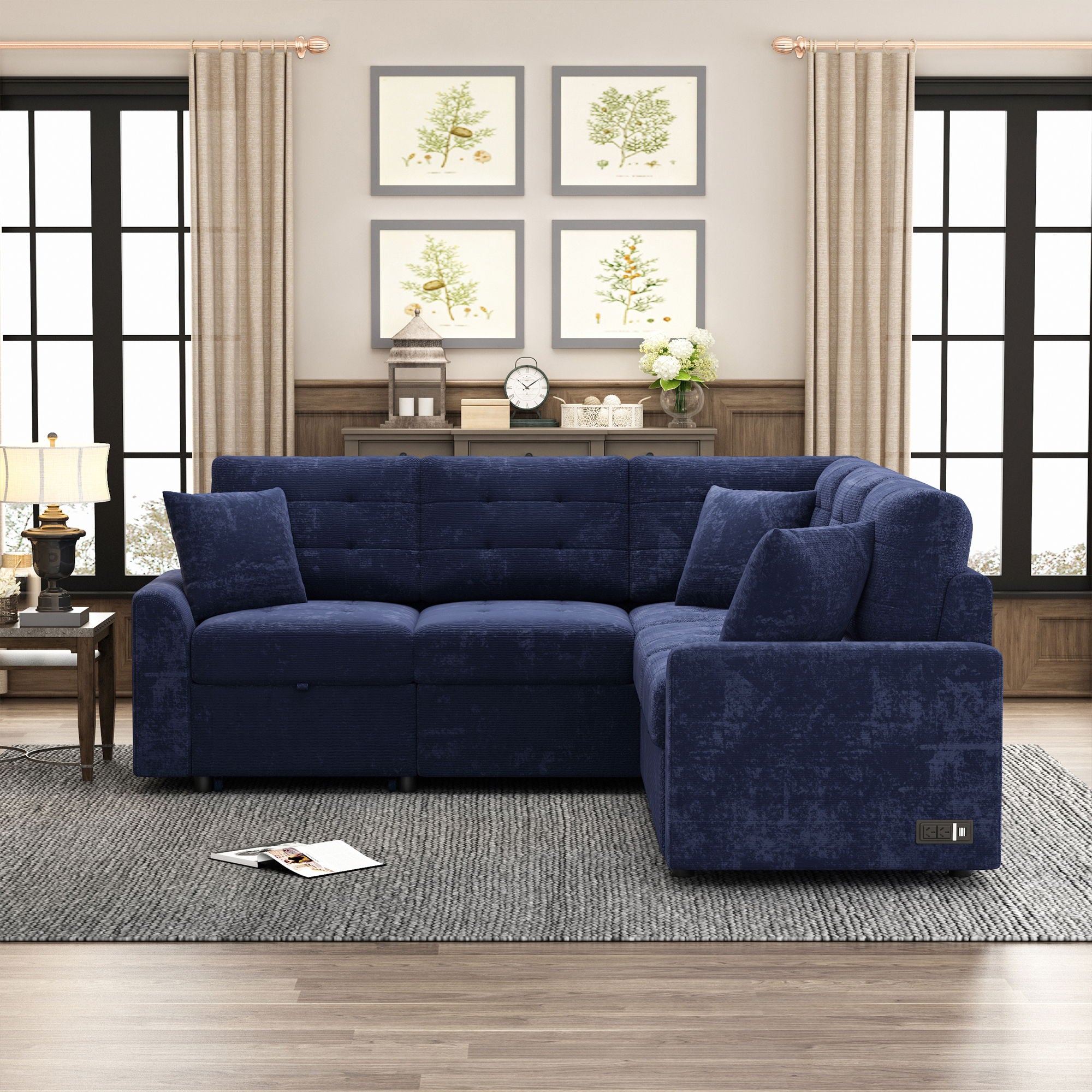 L-Shape Sofa Bed Pull-Out Sleeper Sofa With Wheels, USB Ports, Power Sockets For Living Room