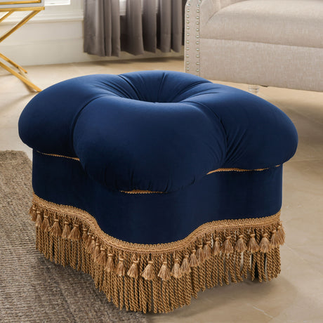 Ellen - Upholstered Clover Ottoman With Gold Bullion Fringe - Navy Blue by Jennifer Taylor Home | Bel Furniture
