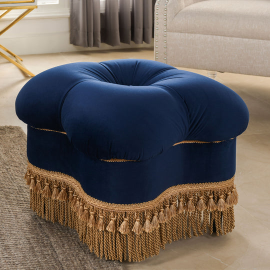 Ellen - Upholstered Clover Ottoman With Gold Bullion Fringe - Navy Blue by Jennifer Taylor Home | Bel Furniture