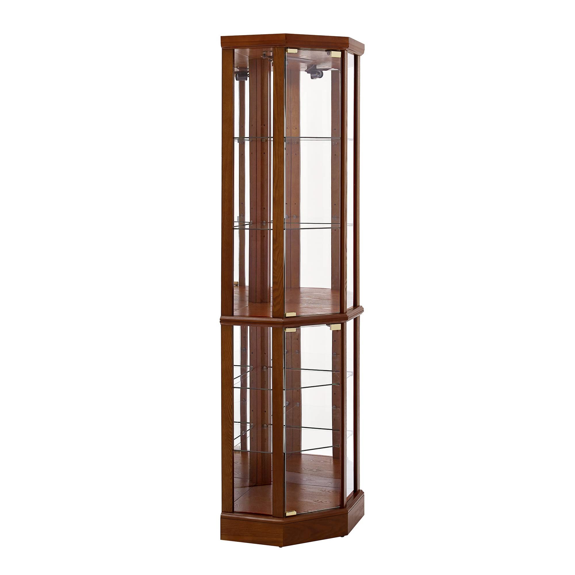 6 Shelf Lighted Corner Curio Cabinet With Adjustable Tempered Glass Shelves And Mirror Back (E26 Light Bulb Not Included)