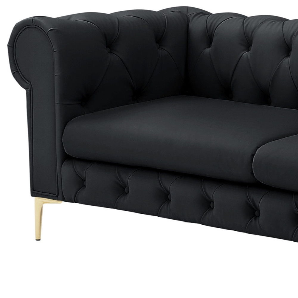 Faux Leather Chesterfield Sofa With Gold Legs - Black