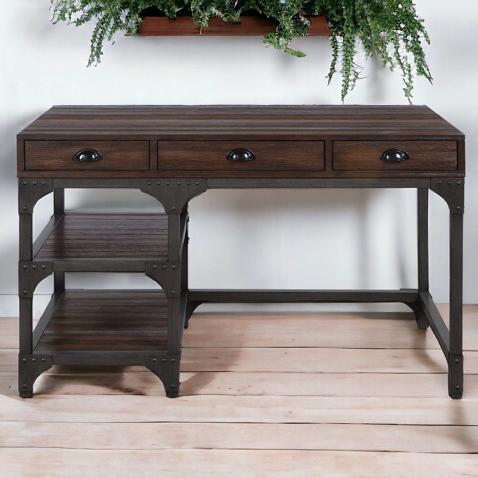 Antique Metal Writing Desk - Espresso / Oak