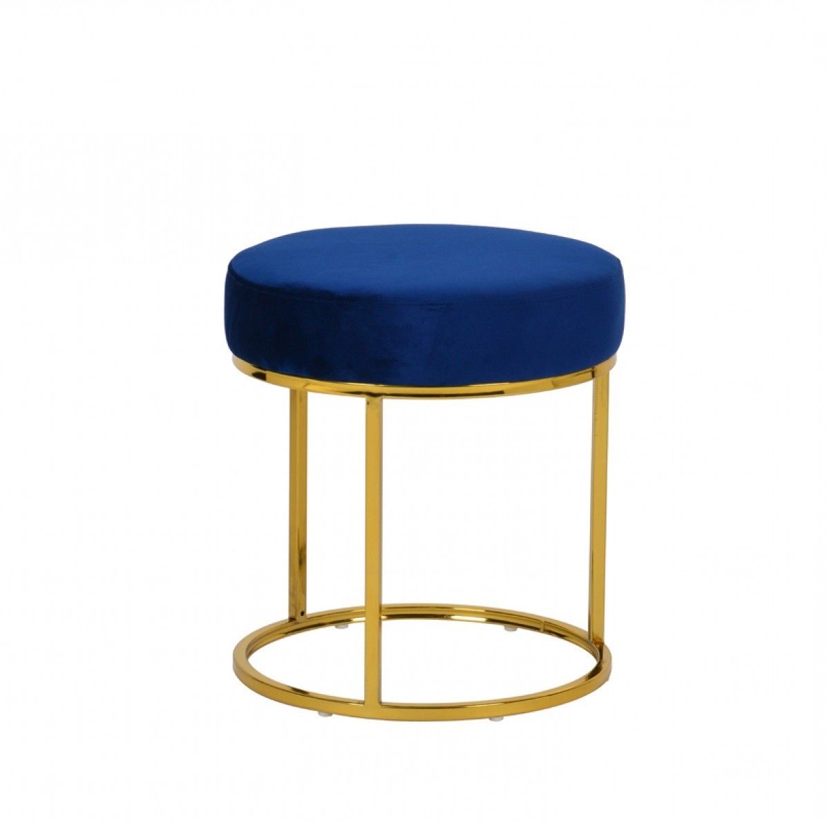 Velvet Round Footstool Ottoman - Blue / Gold