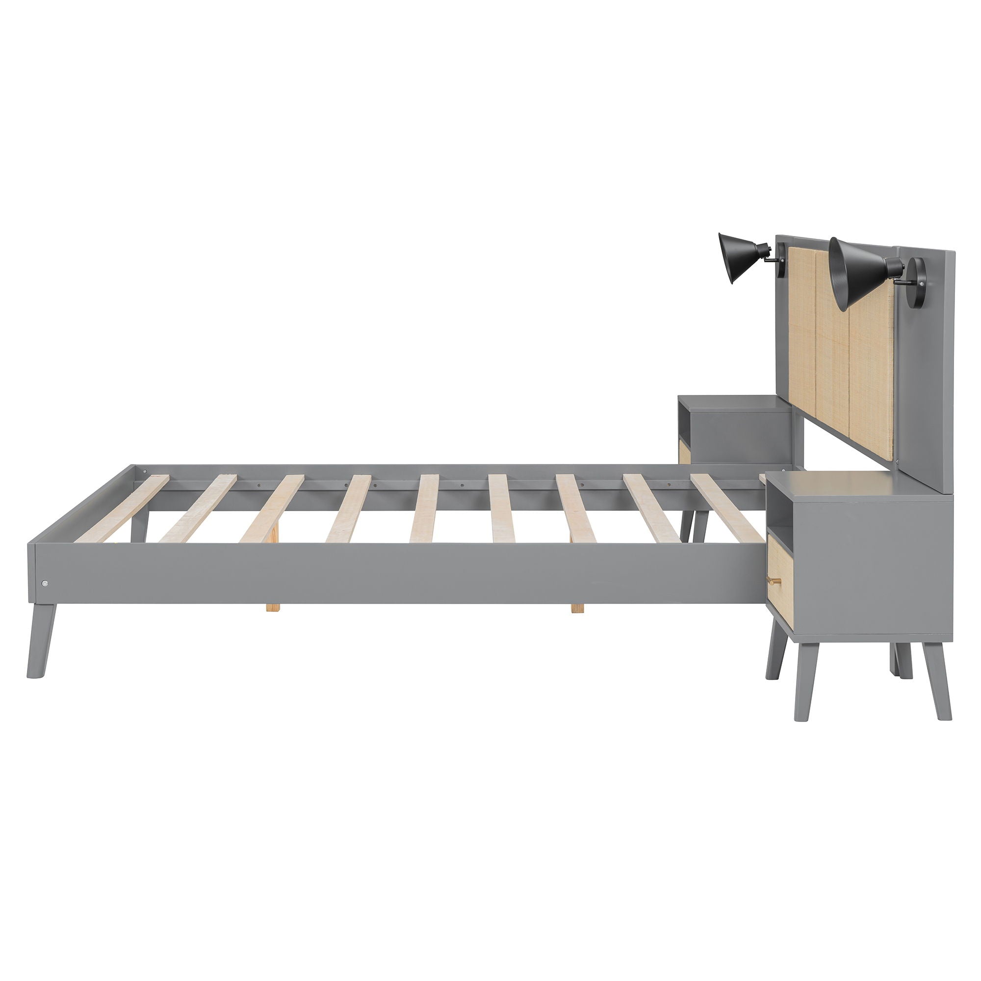 Solid Wood Bed Frame With 2 Nightstands, Elegant Design With Lamps, Rattan And Wood Combination