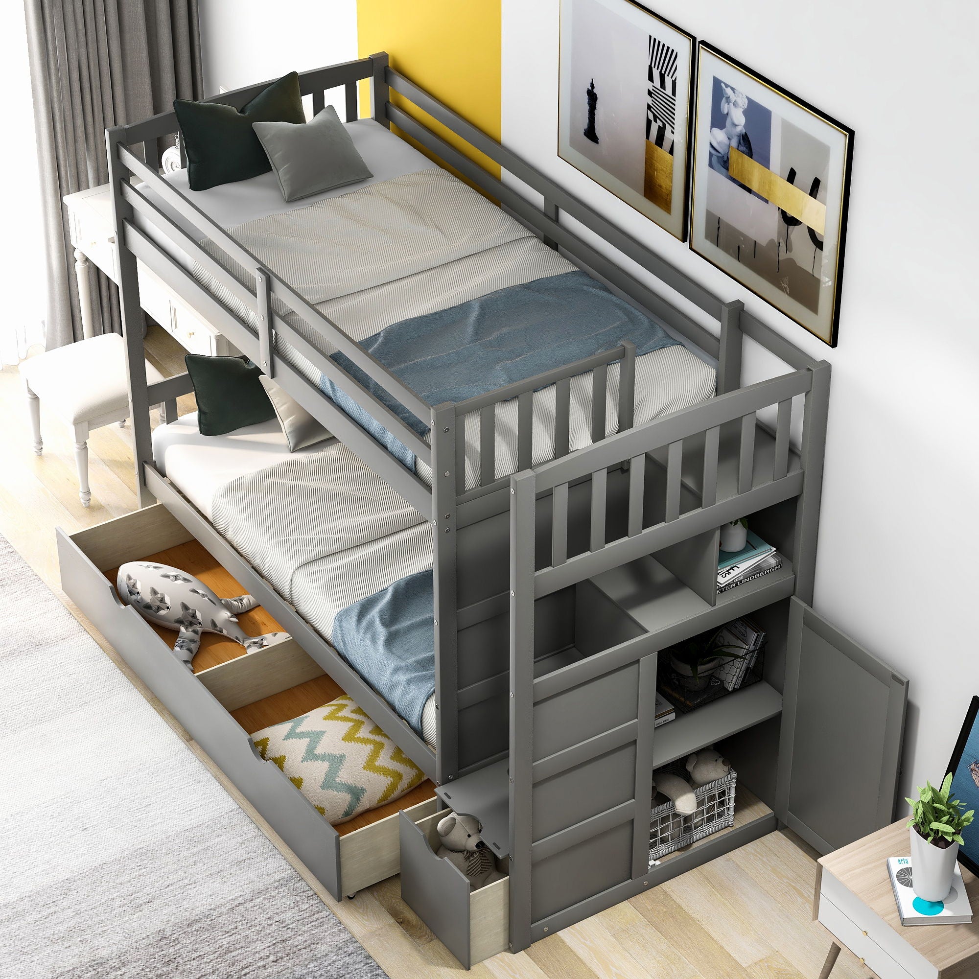 Bunk Bed, Convertible Bottom Bed, Storage Shelves And Drawers