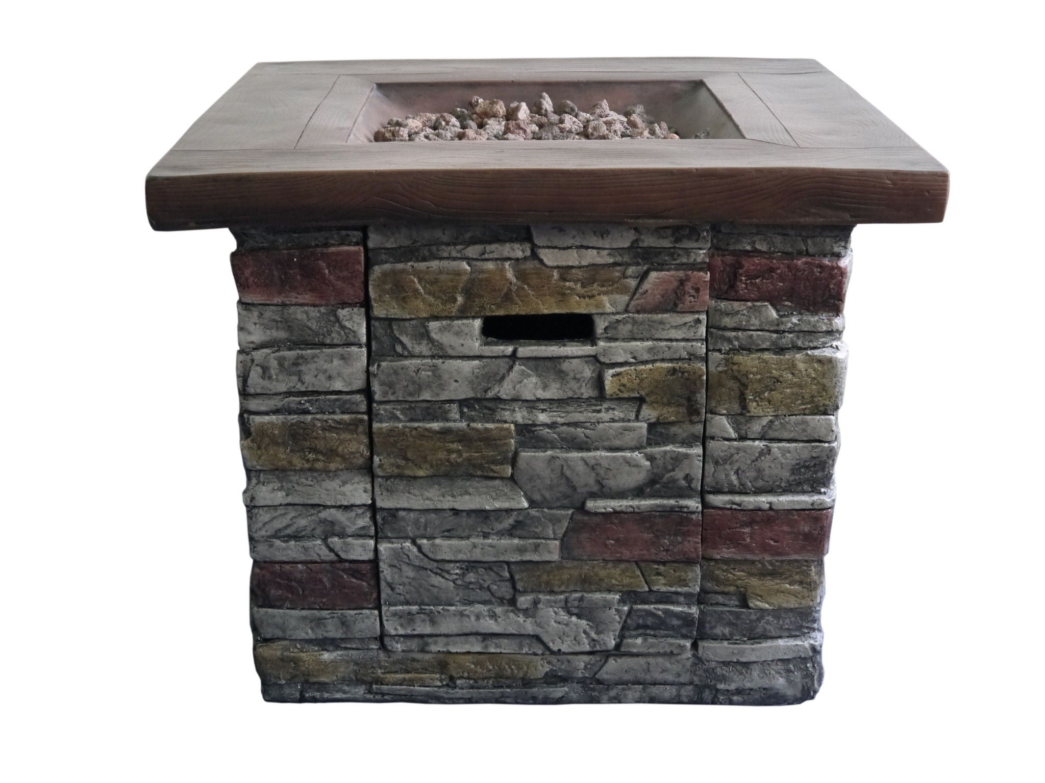 Outdoor Wood And Brick Square Gas Fire Pit With Lava Rocks - Brown