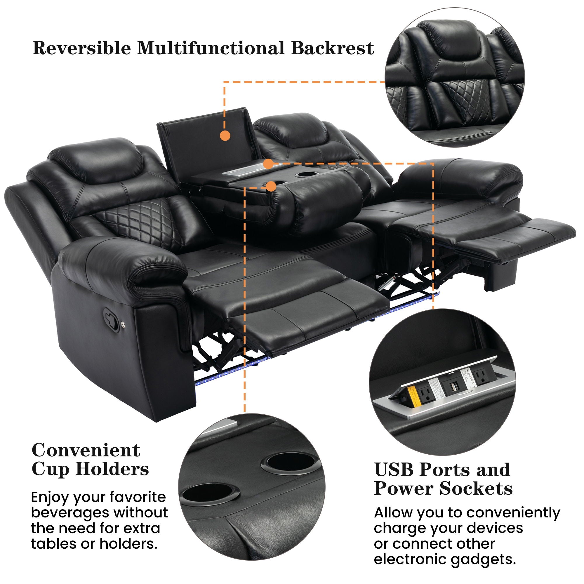 Home Theater Seating Manual Recliner Chair With Center Console And Led Light Strip For Living Room