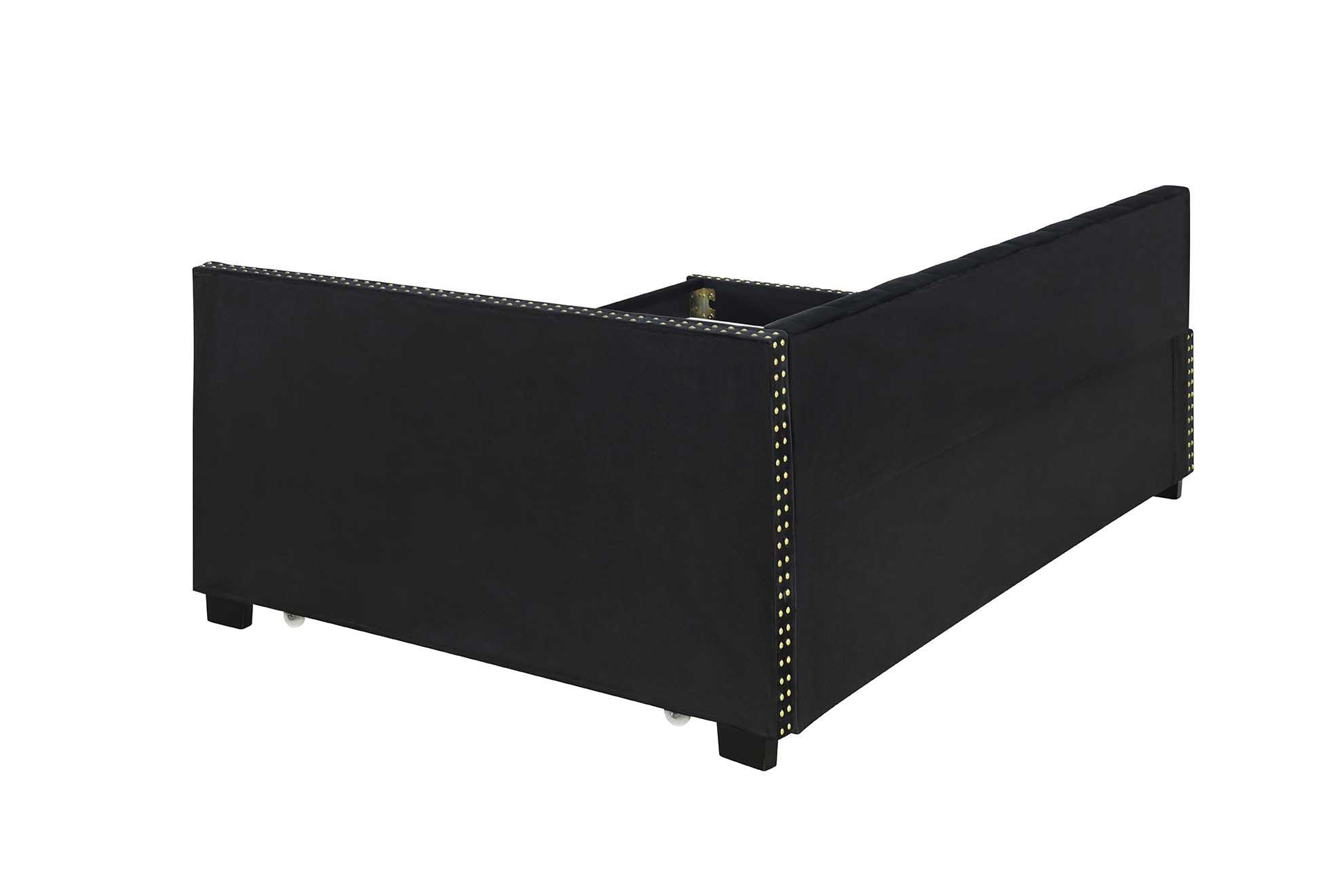 Upholstered Twin Size Daybed Bed Frame (Corner Bed) With Trundle, Velvet Fabric, Studding Design, No Box Spring Required