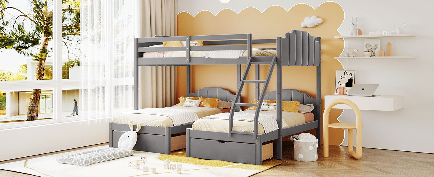 Full Over Twin & Twin Bunk Bed, Velvet Triple Bunk Bed With Drawers And Guardrails - Gray