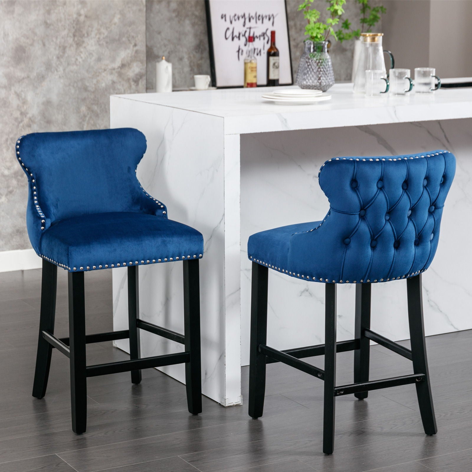 Contemporary Velvet Upholstered Wing-Back Barstools With Button Tufted Decoration And Wooden Legs, And Chrome Nailhead Trim, Leisure Style Bar Chairs, Bar Stools (Set of 4)