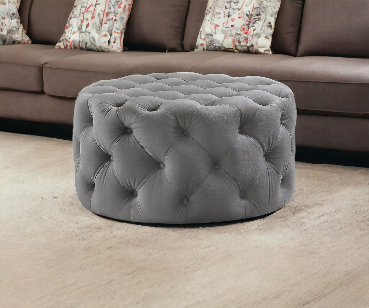 Velvet Rolling Tufted Round Cocktail Ottoman - Gray