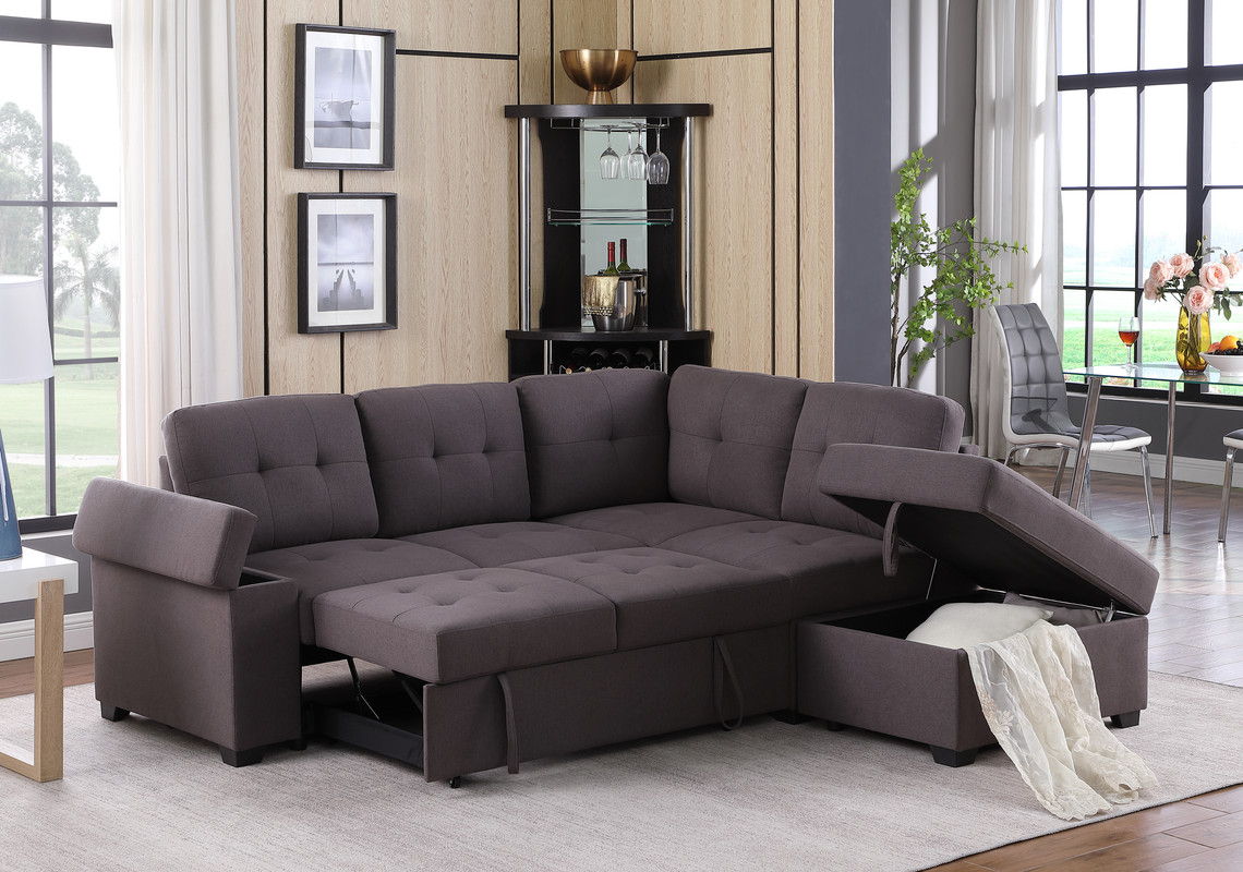 Katie - Linen Sleeper Sectional Sofa With Storage Ottoman, Storage Arm - Brown by Lilola Home | Bel Furniture