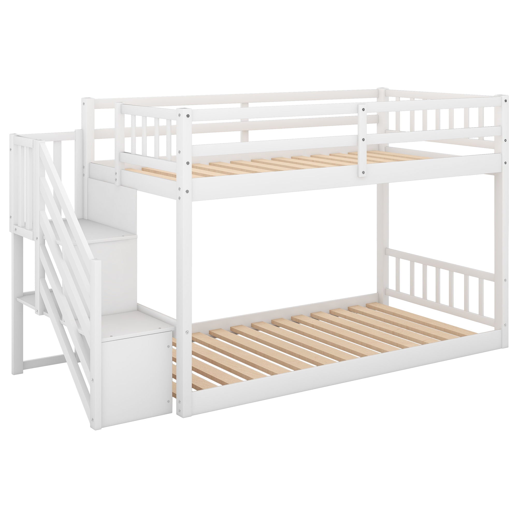 Twin Over Twin Floor Bunk Bed, Ladder With Storage