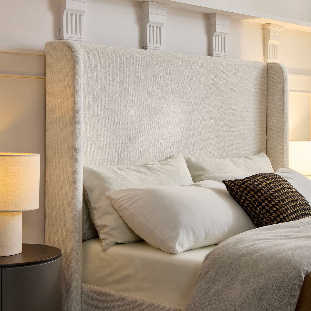 Caron - Upholstered Wingback Bed With High Headboard