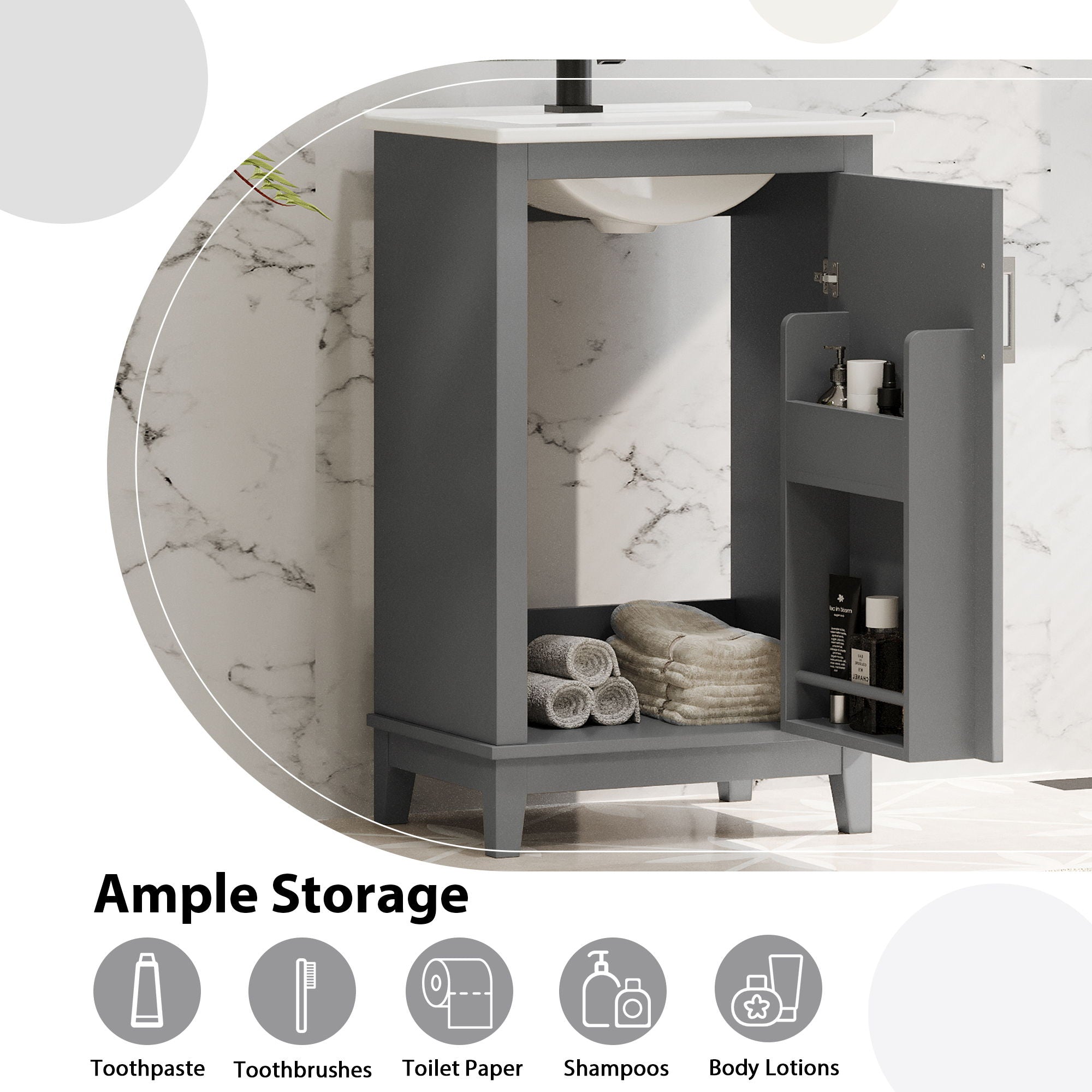 Modern Small Bathroom Vanity Cabinet With Ceramic Basin, Ample Storage, 1 Soft Close Door