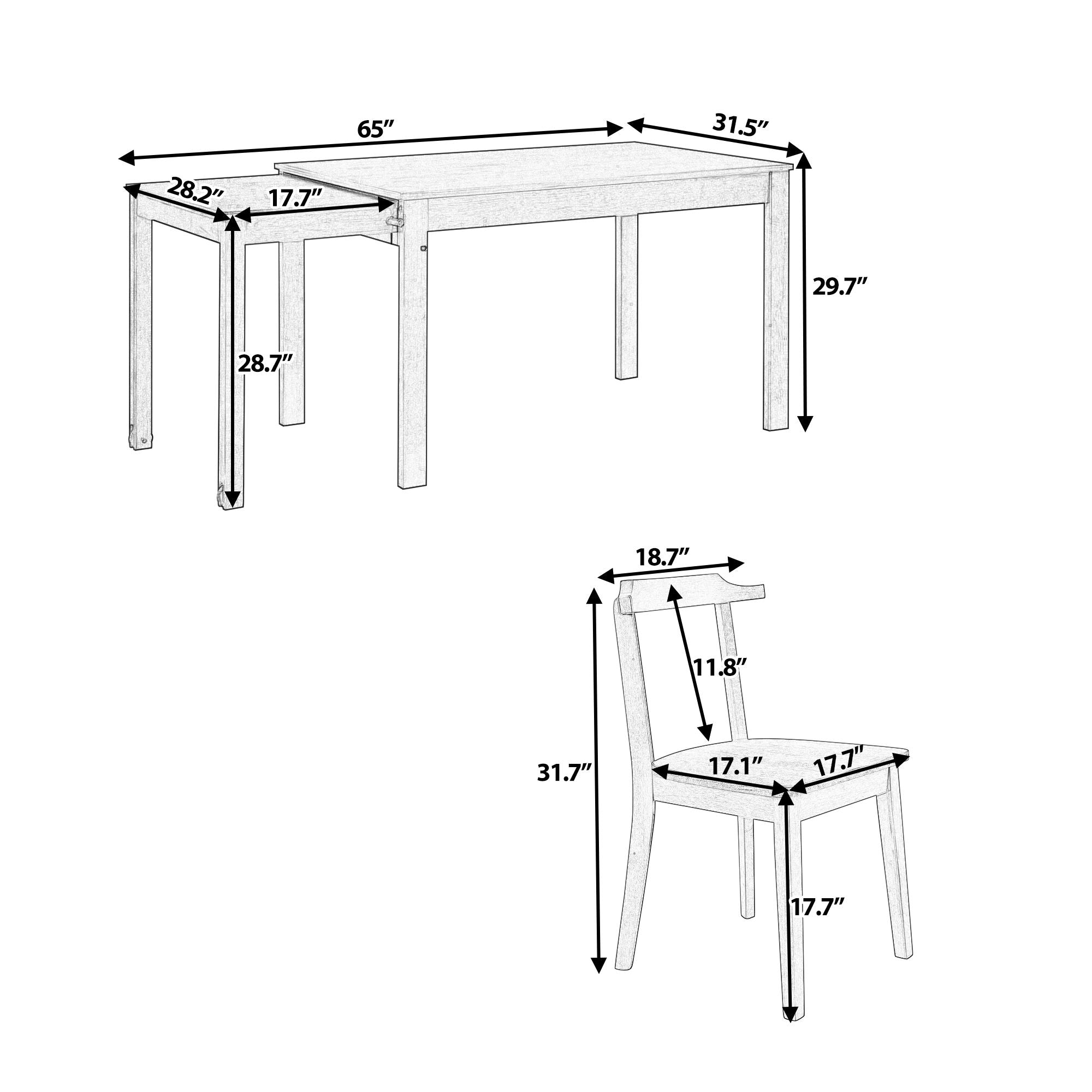 Topmax - 5 Piece Farmhouse Extendable Dining Table Set With Wheels Kitchen Table Set With Pull-Out Side Table And Dining Chairs For Small Places