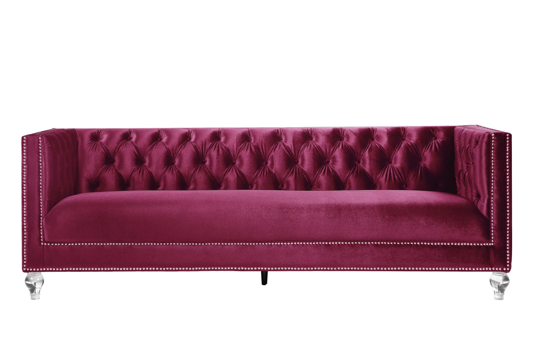 Velvet Sofa And Toss Pillows With Black Legs - Burgundy