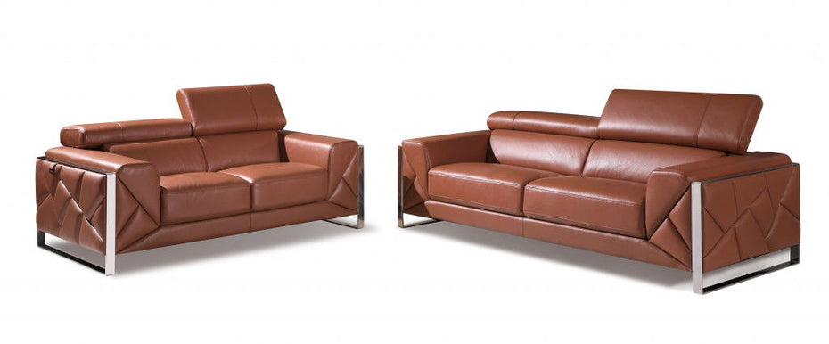 2 Piece Five Person Italian Leather Indoor Seating Set - Camel