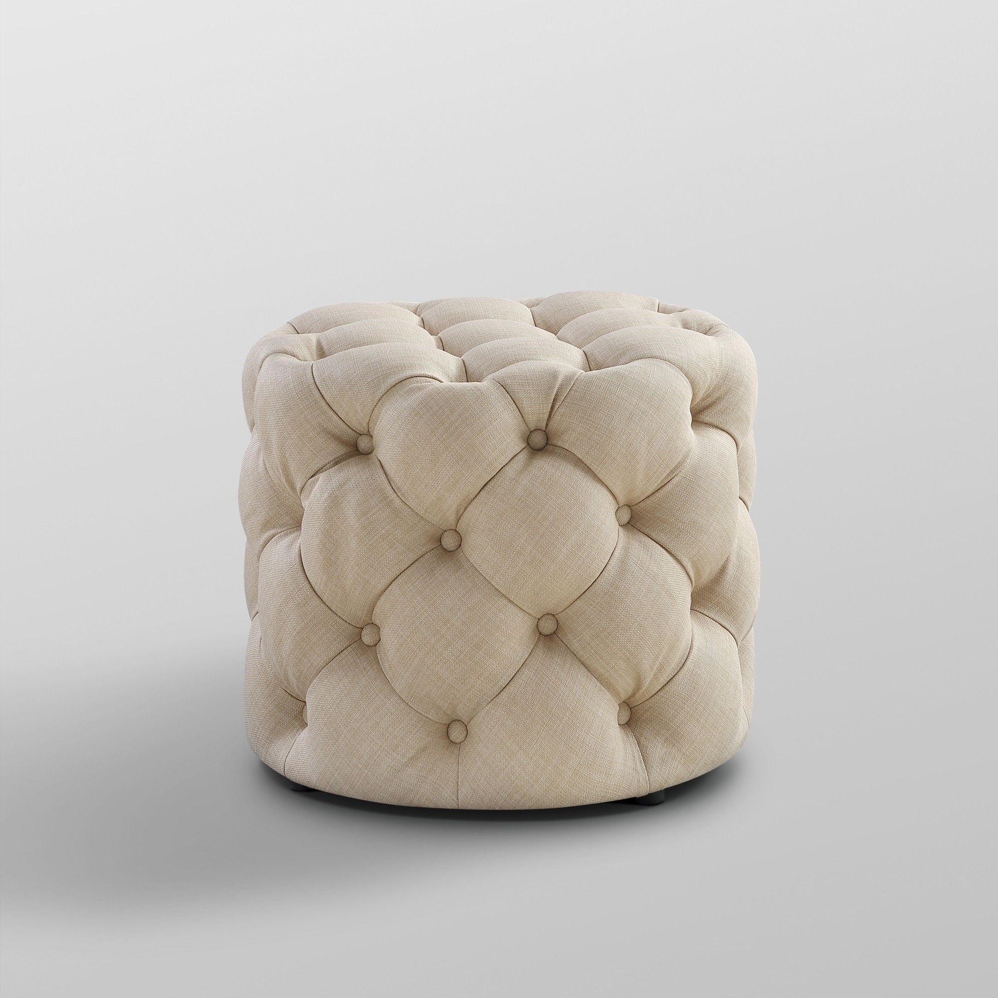 Linen Tufted Round Ottoman - Beige