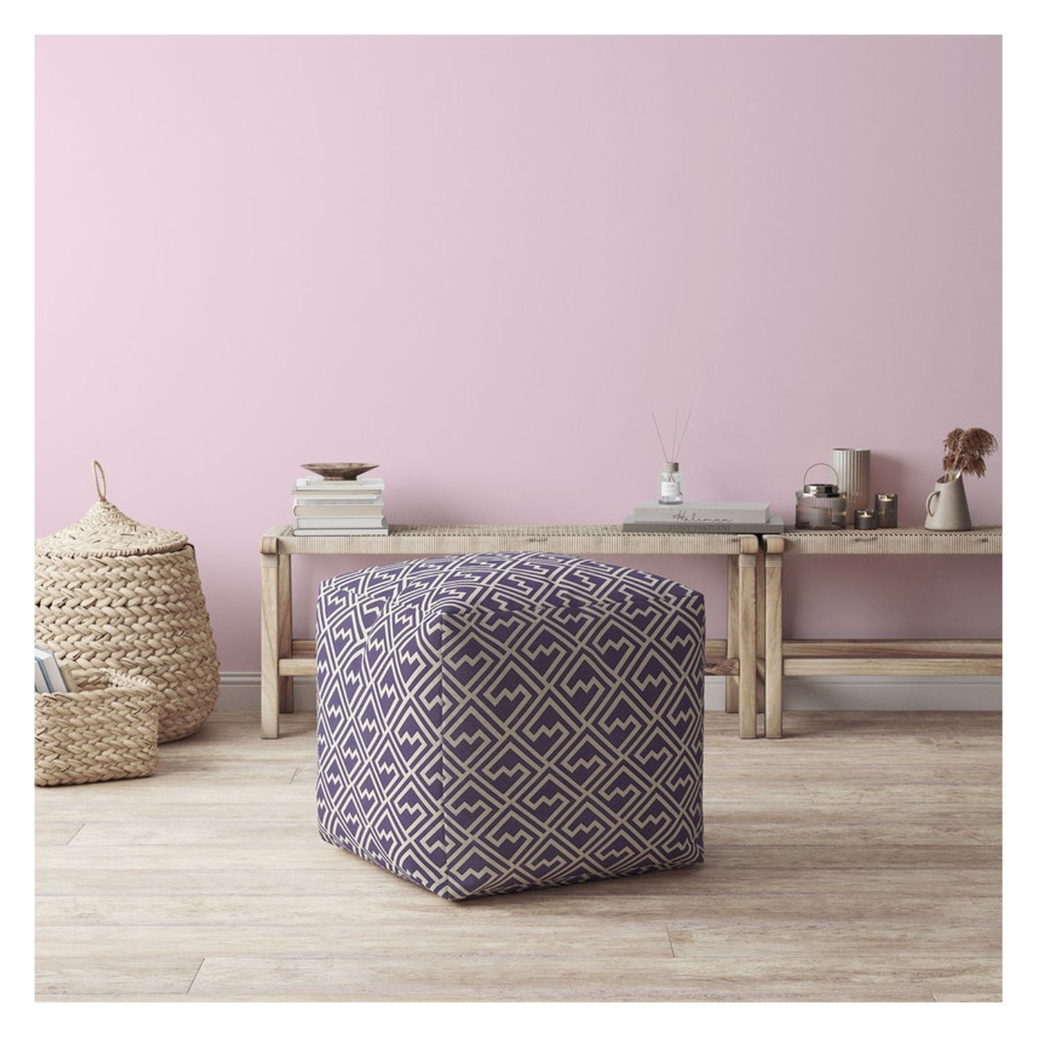 Cotton Abstract Pouf Cover - Purple / White