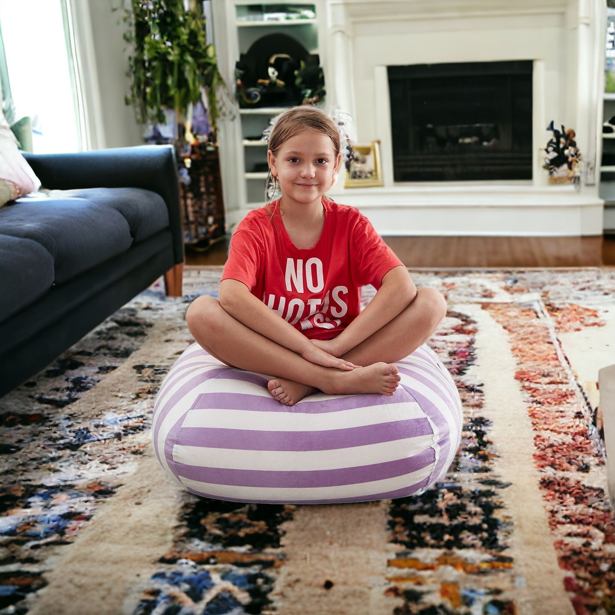 Microfiber Round Striped Pouf Cover - Purple / White