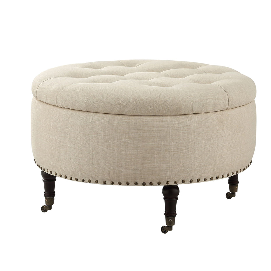 Linen Rolling Tufted Round Storage - Beige / Brown