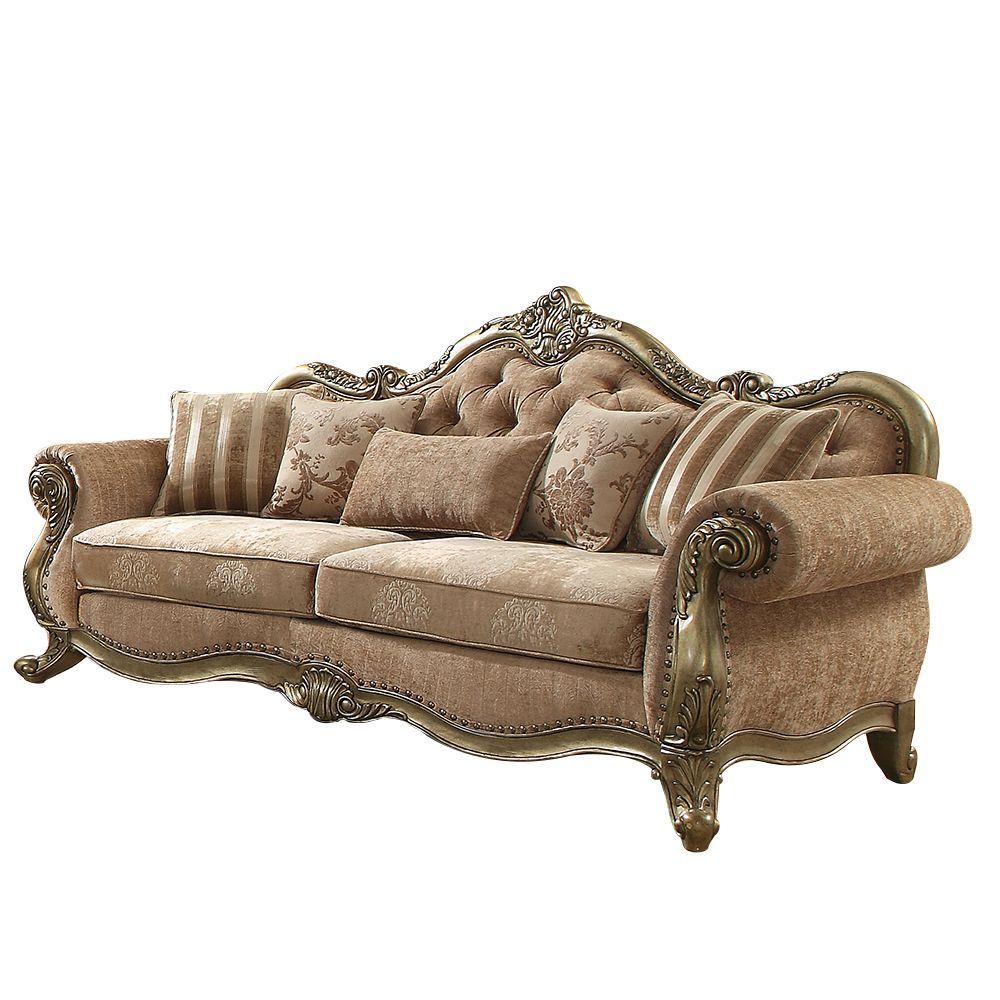 Velvet Floral Sofa And Toss Pillows With Champagne Legs - Brown