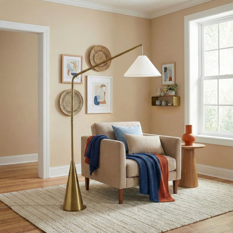Lisbon - Floor Lamp With On / Off Switch Coned Base Hanging Shade - Antique Brass / White - view 10
