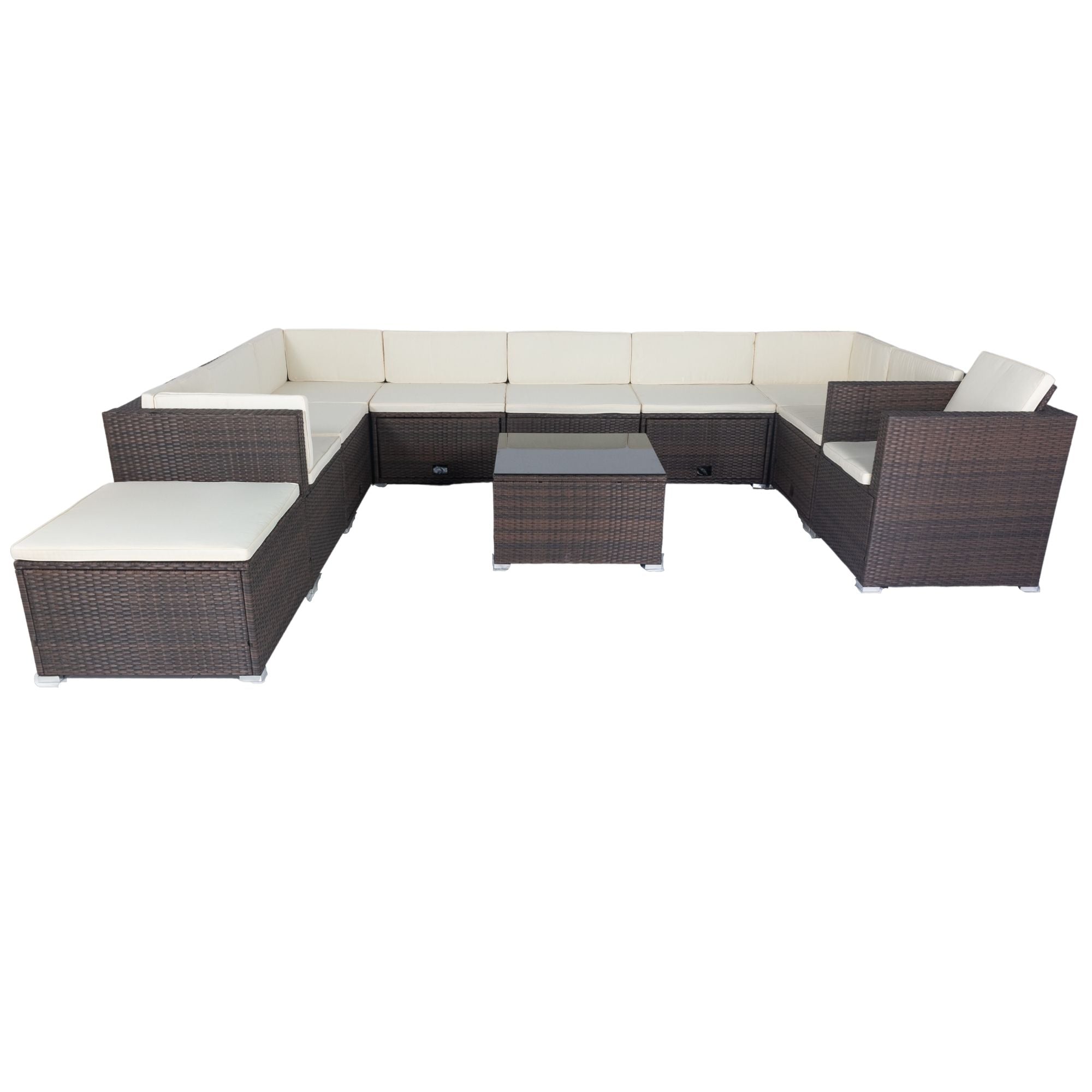 11 Piece Patio Wicker Conversation Set, 10 Seater Patio Sectional Set With 3 Storage Box Under Seat - Brown / White