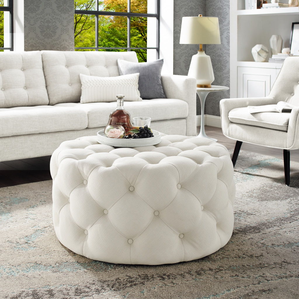 Linen Rolling Tufted Round Cocktail Ottoman - White