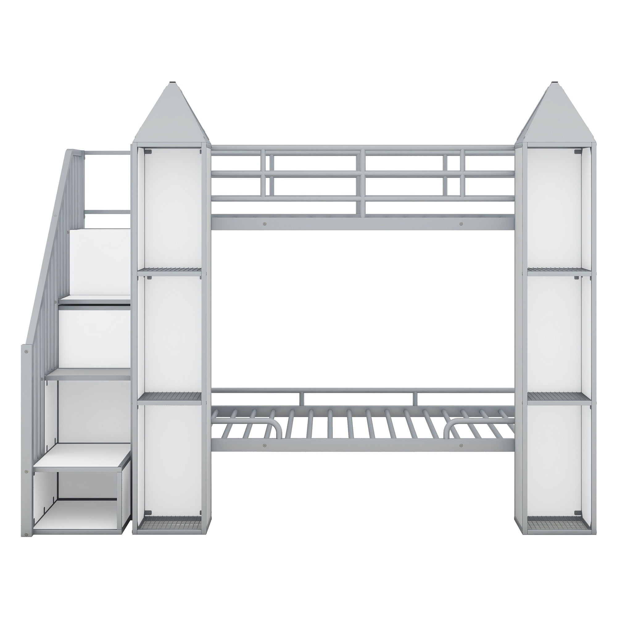 Metal Twin Over Twin Castle-Shaped Bunk Bed With Wardrobe And Multiple Storage - Gray / White