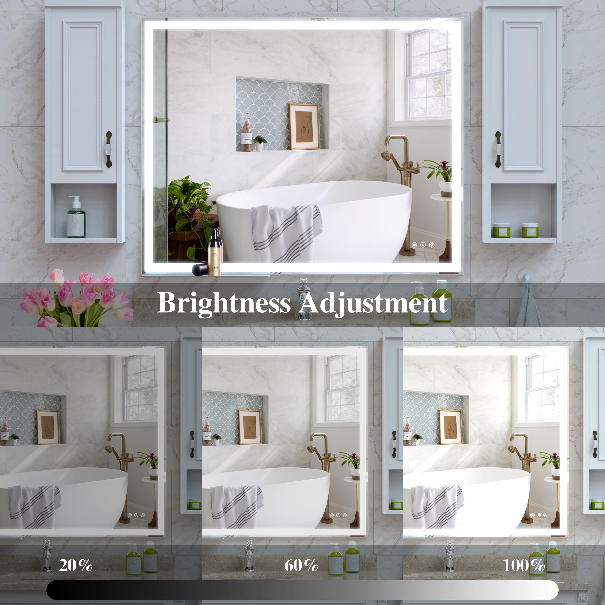 LED Bathroom Vanity Mirror Wall Mounted Adjustable White / Warm / Natural Lights Anti-Fog Touch Switch With Memory Modern Smart Large Bathroom Mirrors