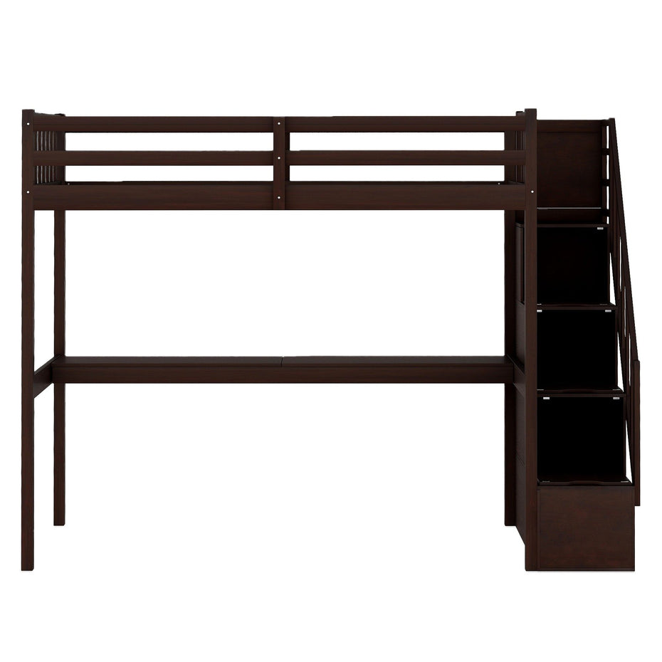 Twin Size Loft Bed with Built In Desk and Stairway - Espresso