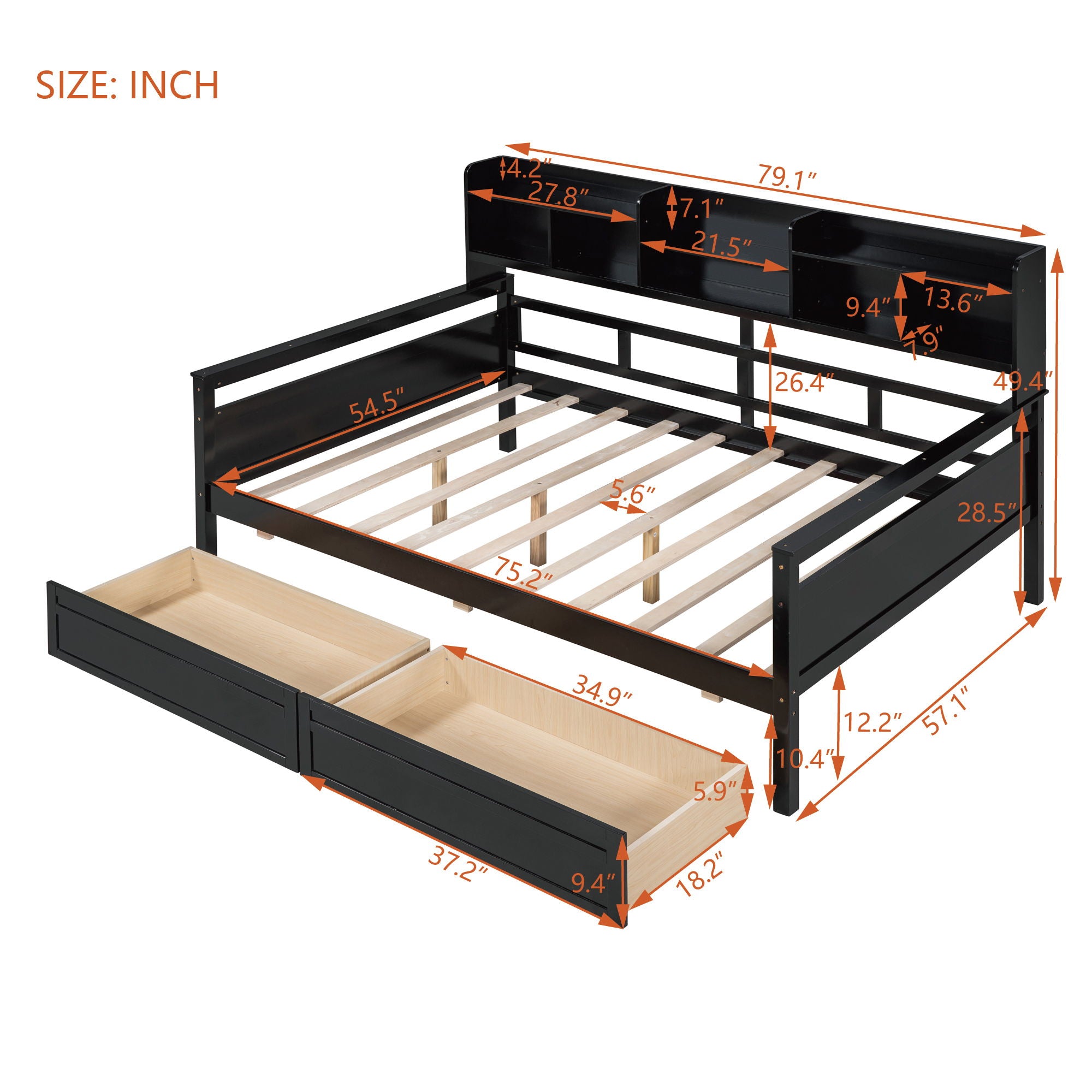 Daybed, Wood Slat Support, With Bedside Shelf And Two Drawers