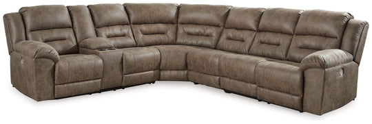 Ravenel - Power Reclining Sectional Pearl Silver 4-Piece Power Reclining Sectional With Left Arm Facing Power Reclining Loveseat With Console by Signature Design by Ashley® | Bel Furniture
