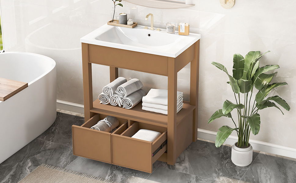 Bathroom Vanity With Sink Top, Bathroom Cabinet With Open Storage Shelf And Two Drawers - Brown