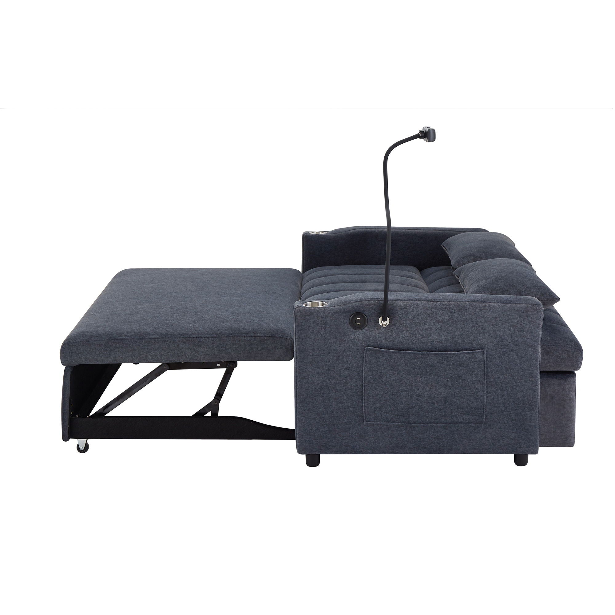 Convertible Sofa Bed Loveseat Sofa With Three USB Ports, Two Side Pockets, Two Cup Holders And 360° swivel Phone Holder For Living Room