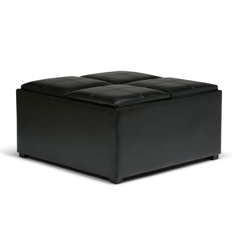 Avalon - Square Coffee Table, Storage Ottoman Black Faux Leather by Simpli-Home | Bel Furniture
