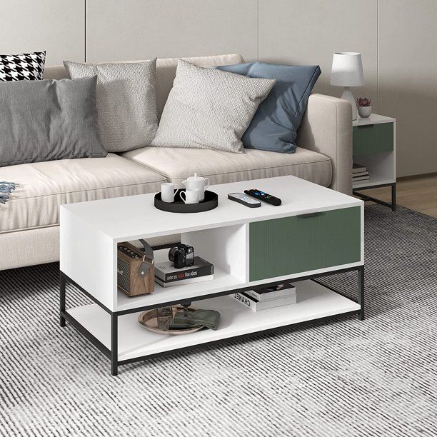 Watson - Wood Coffee Table Steel Frame With Shelves And Drawer